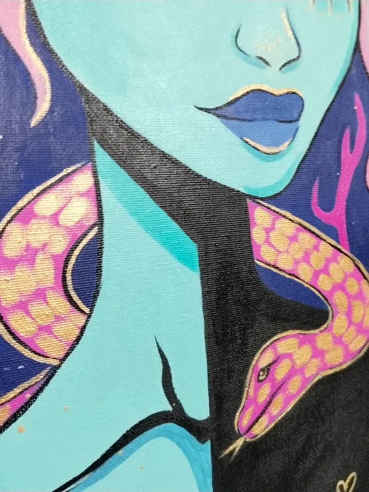 Gorgon Fantasy Original Acrylic Painting with Gold Paint