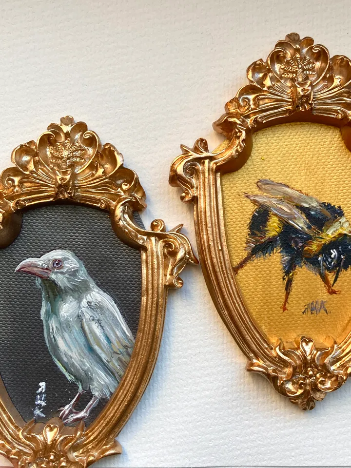 Framed Albino Raven Painting Small Original Witch’s Friend Artwork Crow Art Tiny Oil Painting Bird