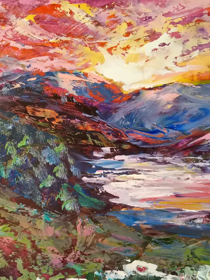 Lake Island Flowers Sunset Mountains Original Art Oil Painting impasto Artist Svinar Oksana