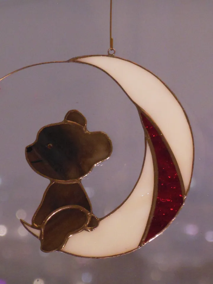 Bear on Moon with Butterfly . Swarovski Сrystal .  Stained glass window hanging Suncacher