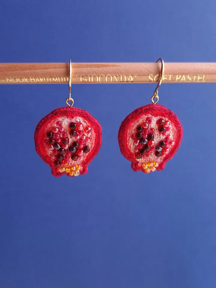 Pomegranate Earrings Handcrafted Jewelry Hand-Embroidered Unique Quirky Accessory Fruit Dangles Accessories Gift for Her
