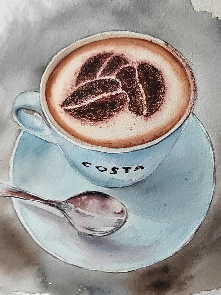 Cappuccino Cup Painting Original Watercolor Art Coffee Cup in Watercolor 8.27x11.69 in by Art Café