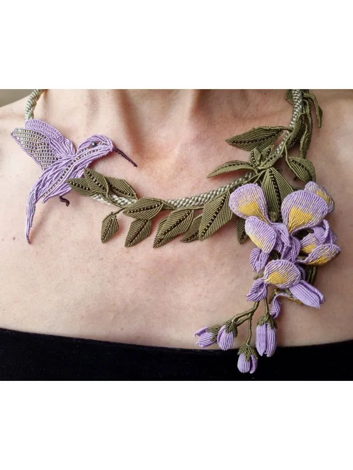 Hummingbird and Wisteria Macrame Necklace — Artful Elegance