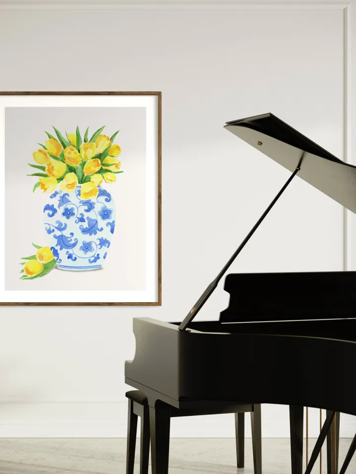 Chinoiserie Vase And Yellow Tulips, Blue White Ginger Jar, Flower Vase Painting, Vintage Chinoiserie, Ginger Vase, Apartment Decor, Print