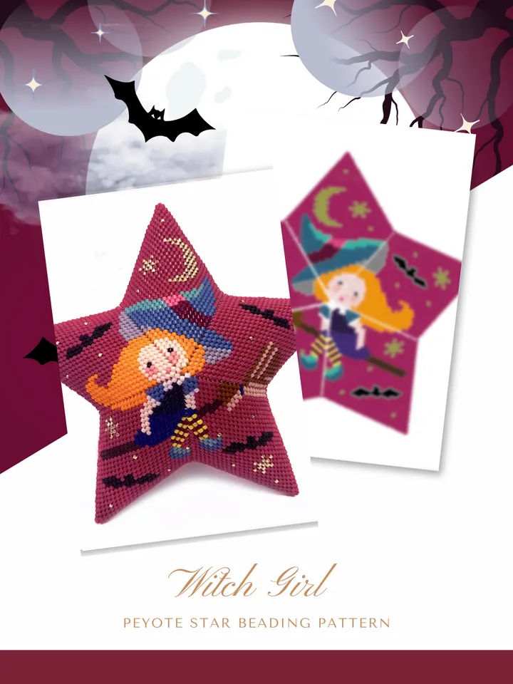 Beaded Star, Witch Girl, Peyote Star Beading Pattern, Halloween Ornament