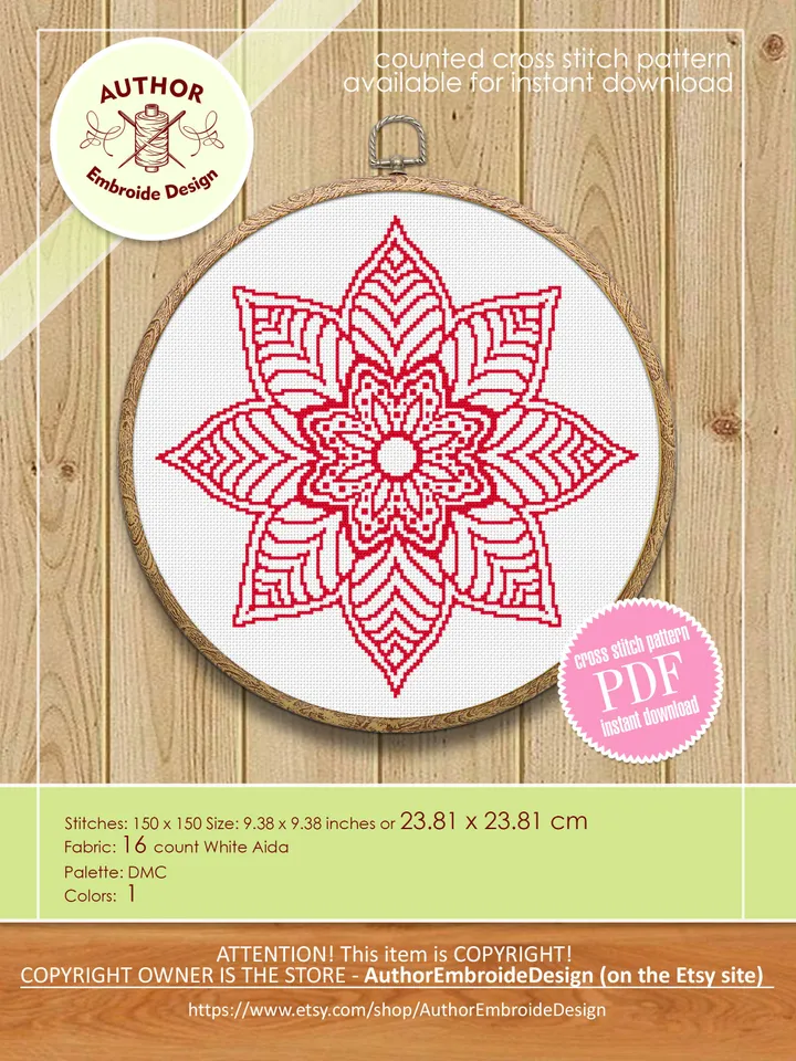 Mandala cross stitch pattern download PDF, Flower mandala pattern PDF, Floral ornament cross stitch chart, Monochrome hand embroidery #M182