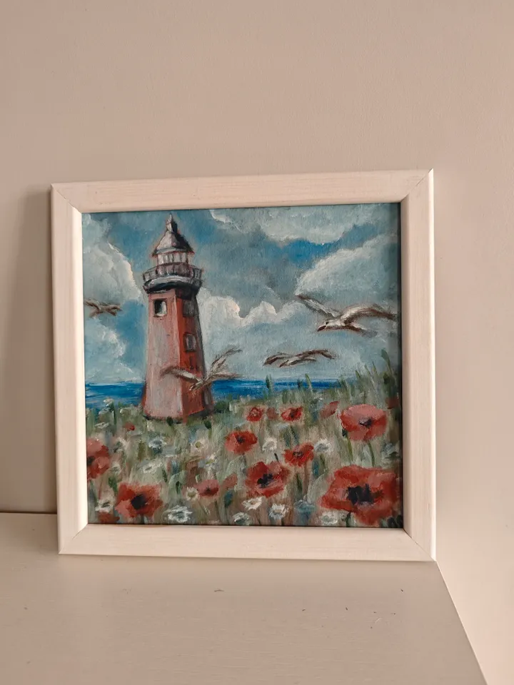 Lighthouse Landscape Original Painting Old Lighthouse Sea Coast Original Art Lighthouse Sea Modern Artwork Old Lighthouse Seascape Wall Decor 8x8 inches by OlgaSokolovaArt