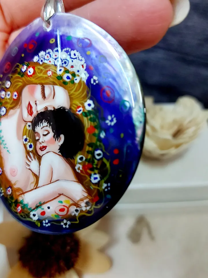 Pendant "Mother and child" Gustav Klimt Mother-of-pearl hand-painted Russian jewelry Summer jewelry fine art jewelry miniature painting