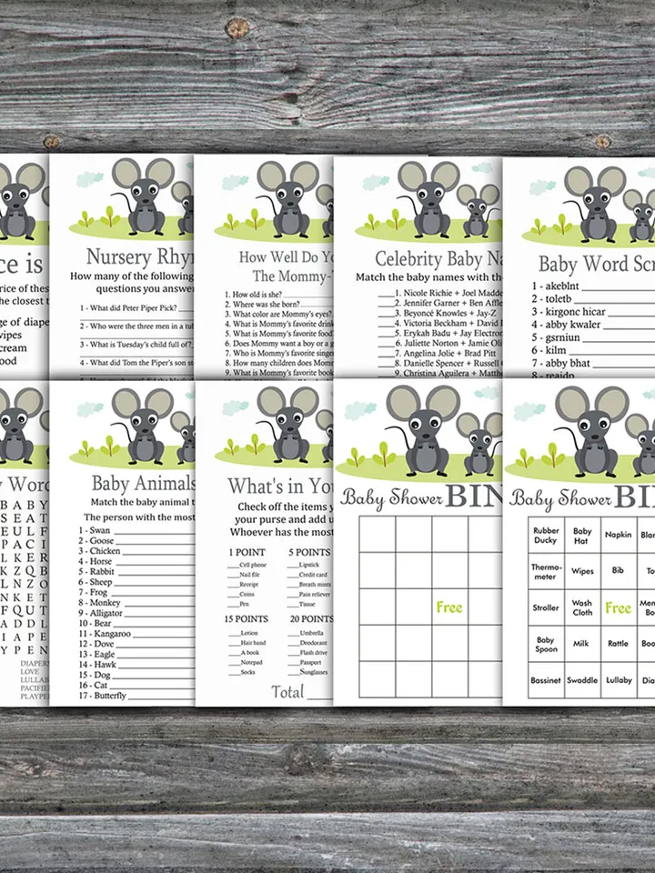 Mouse baby shower games bundle,Mouse Baby Shower games package,Fun Baby Shower Games,9 Printable Games-344