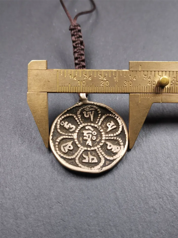 Gandhanra Handmade Tibetan Buddhist Amulet,Om Badge Pendant, Mantra of Om Mani Padme Hum, Made of Brass,1.38"