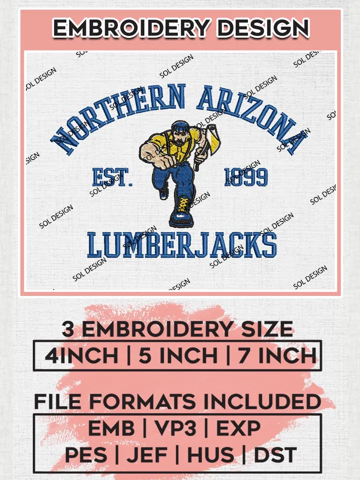 Northern Arizona Lumberjacks Est 1899 Logo Embroidery Designs, NCAA Northern Arizona Lumberjacks Team Embroidery, NCAA Team Logo, 3 sizes, Machine embroidery Files, Digital Download