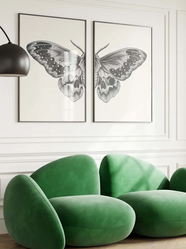 Black Sketch Butterfly Printable Wall Art Set of 2, Butterfly Print Digital Download, Split Butterfly Wings Art Print, Bedroom Wall Art