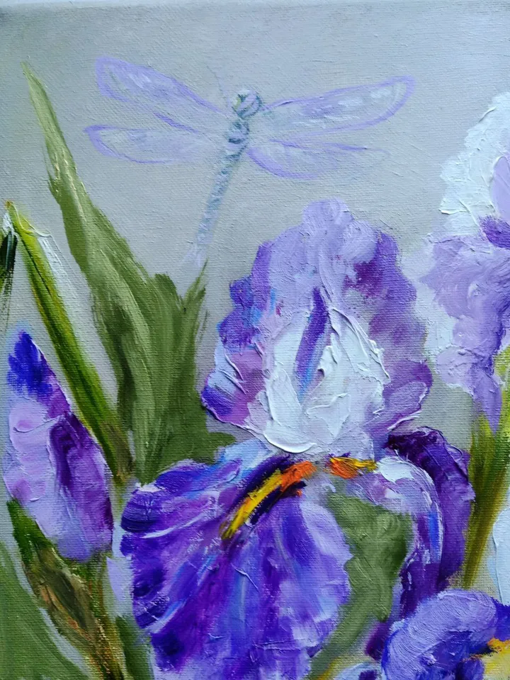 Irises Dragonfly Painting Original Art Impasto Oil Painting Canvas Painting