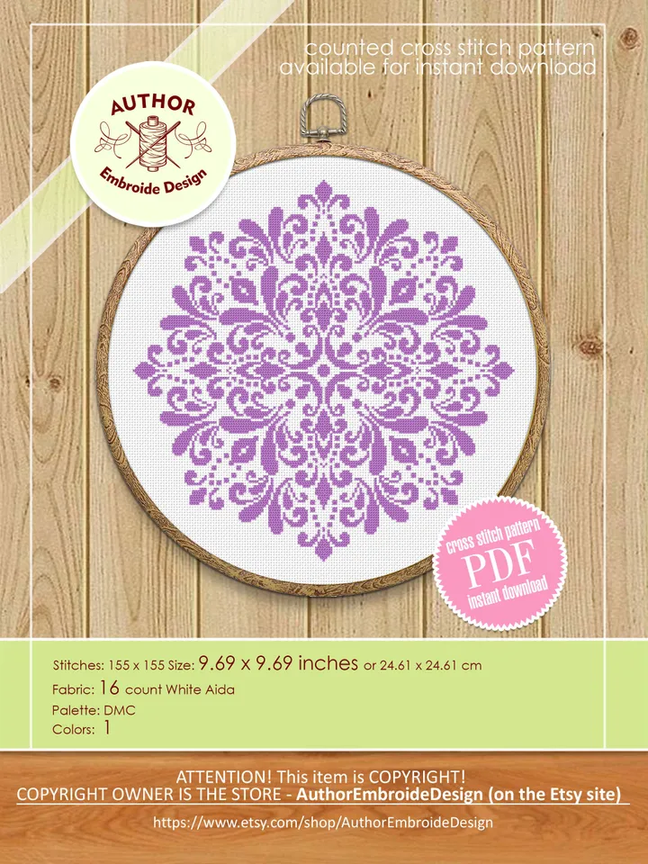 Mandala cross stitch pattern PDF download Monochrome mandala pattern digital PDF, Simple cross stitch chart for beginner, Mandala art #M255