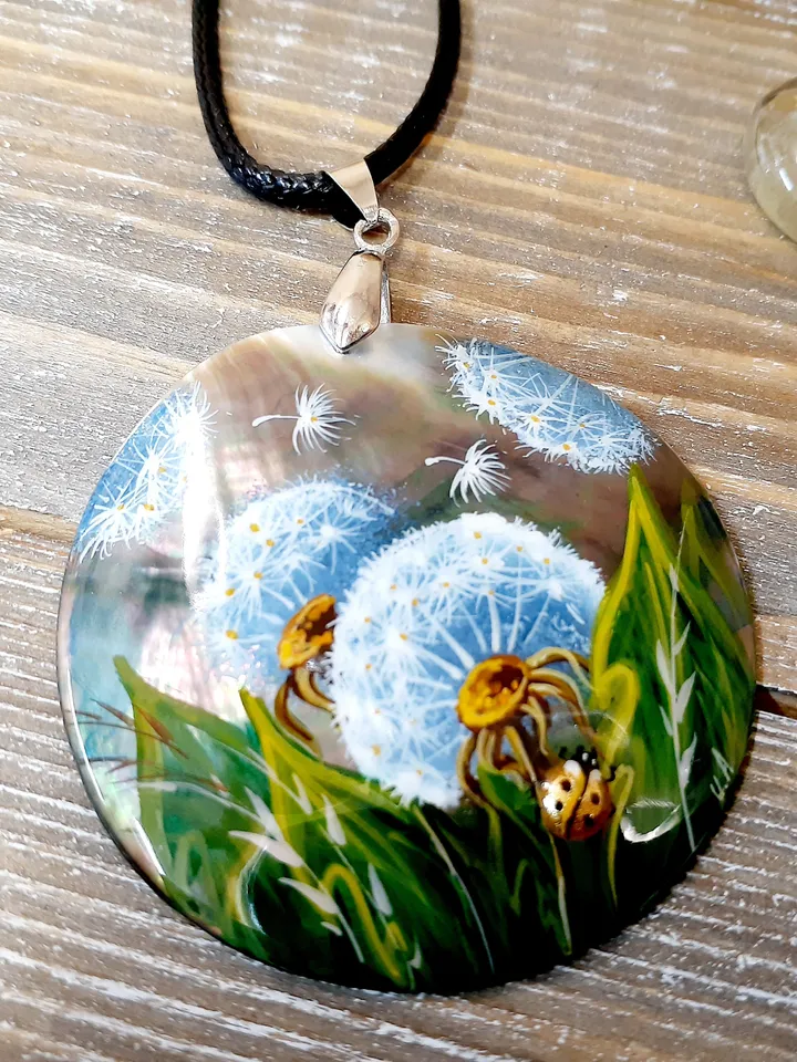 Whispering Dandelions: Hand-Painted Pearl Pendant in Green Grass - Nature's Delicate Charm, Symbol of Hope and Transformation