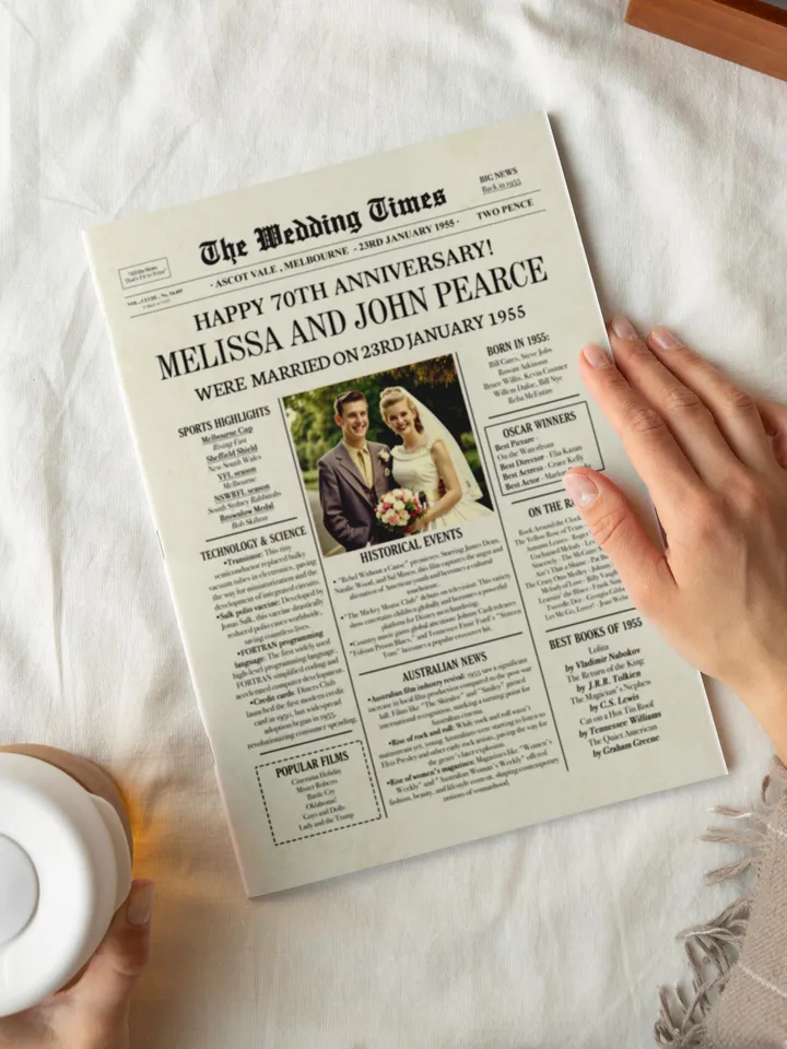 70th wedding anniversary gift for parents 1955 australian newspaper poster printable 70 years married digital card celebration sign