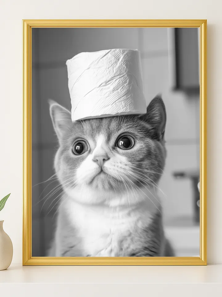 Funny Cat Bathroom Wall Art, Cute Kitten with Toilet Paper Hat Print, Adorable Pet Humor Decor, Digital Download