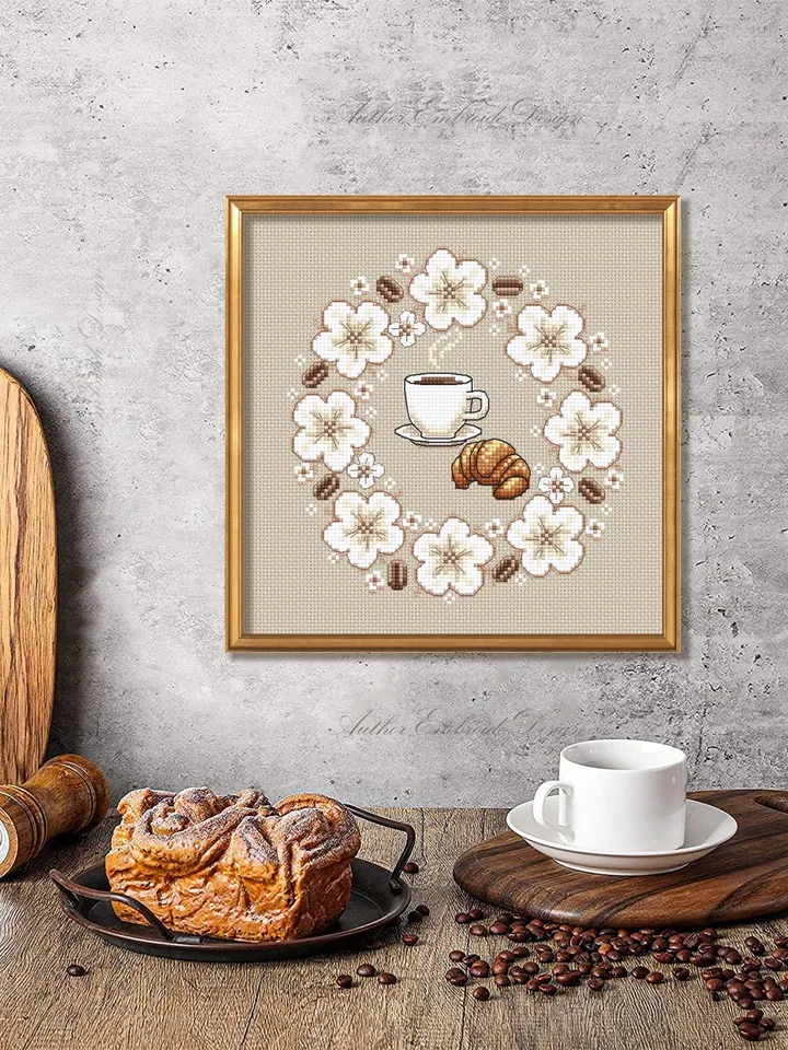 Cup of coffee cross stitch pattern PDF download Croissant cross stitch chart, Floral coffee pattern digital PDF, Flower wreath #F20