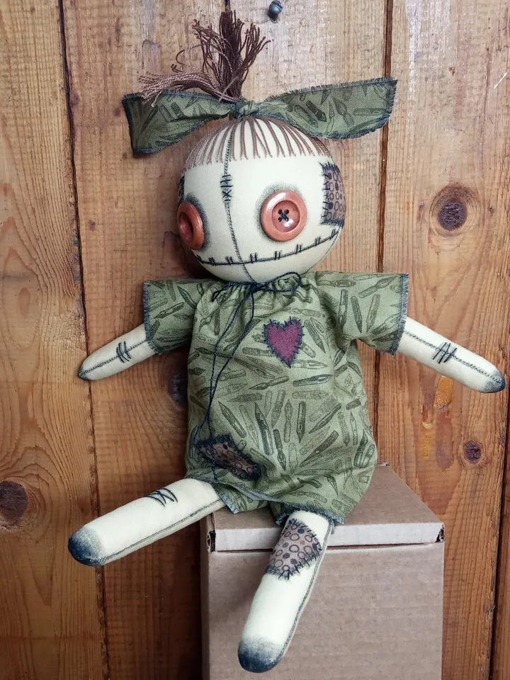 Handmade Doll With Button Eyes (Muddy Green)
