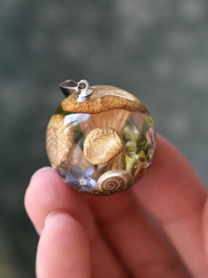 Pendant with mushrooms in resin. Forest Pendant. Necklace with a forest composition. Moss, forget-me-not, strawberries and snail in resin.