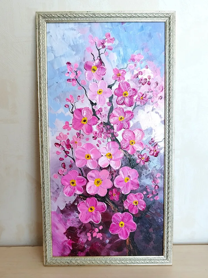 Cherry blossom acrylic painting impasto artwork