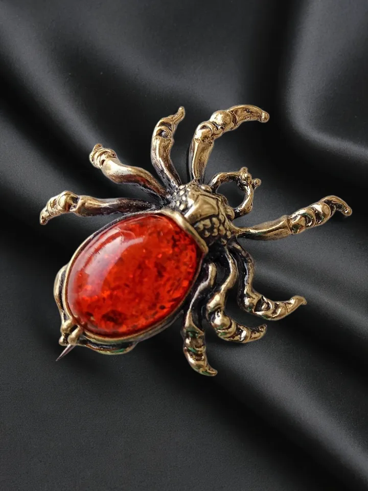 Spider Insect Brooch Pin Gold Tone Red Amber Jewelry Dress Jacket Brooch Lapel Pin for Her Women Men Beetle Brooch unique handmade jewelry