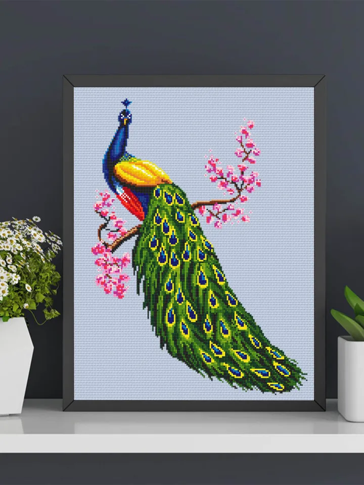 Peacock cross stitch pattern download PDF, Colorful bird hand embroidery PDF, Peacock feathers cross stitch, Spring flowers cross stitch #D3