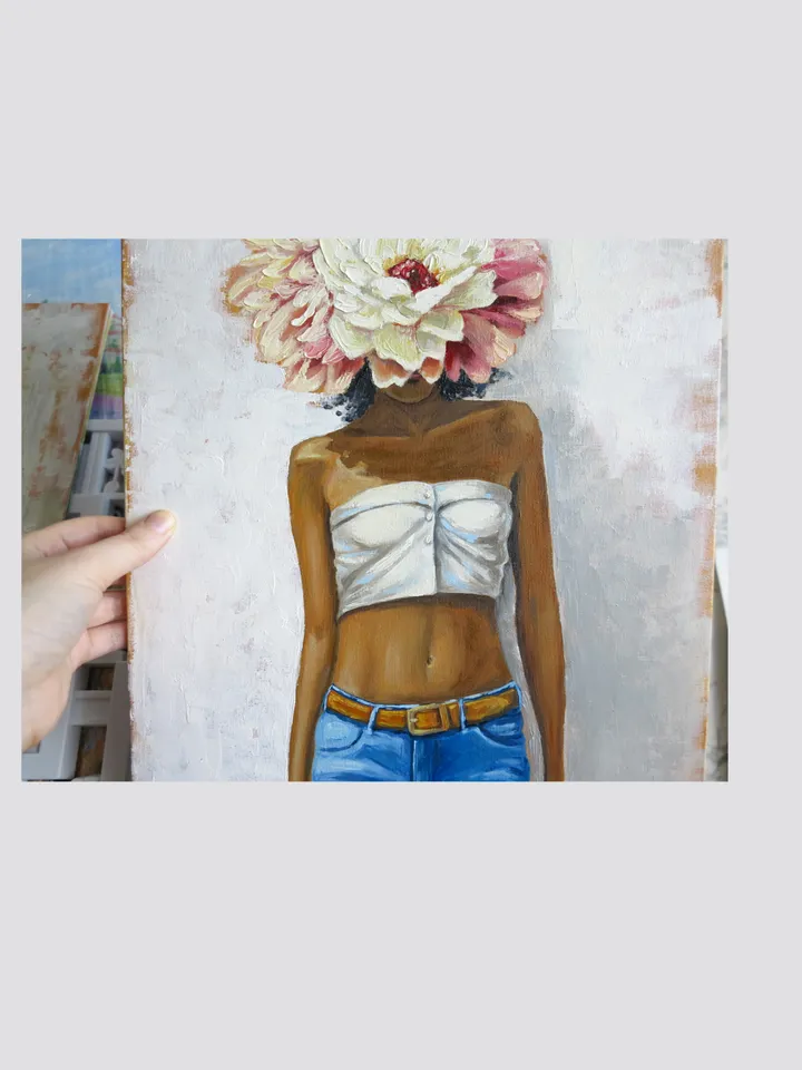 Original Oil Painting Portrait of a Girl with of Flowers Woman Without Face Artwork