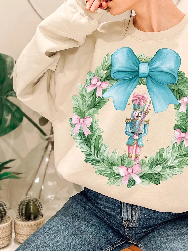 Christmas Toile PNG Nutcracker Wreath Christmas PNG Preppy Nutcracker Blue Toile Coquette Bow PNG Christmas Blue Digital Design Pink Bow png