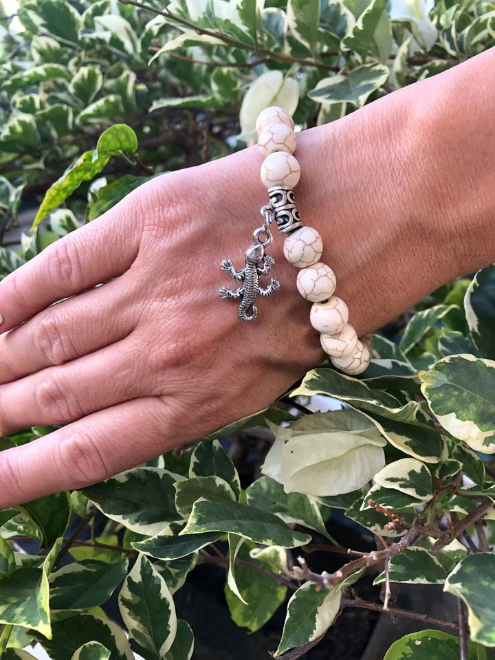 Gekkon White Beige Howlith Bracelet Women | Bali Gekko Bracelet | Handmade White Lizard Bracelet | Beads Jewerly | Handmade Jewerly Womene