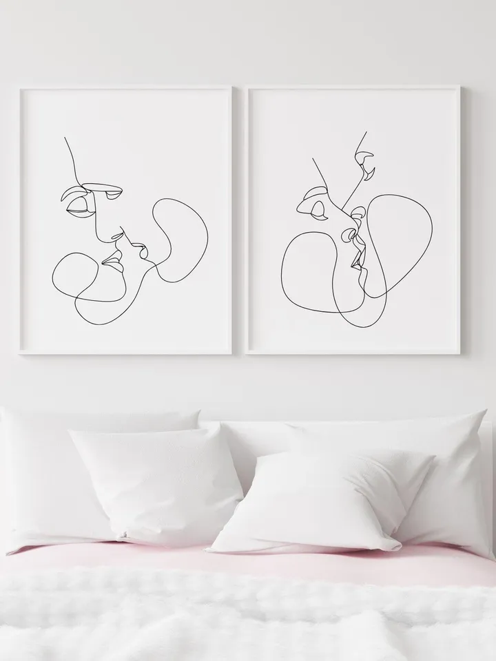 Kissing Couple Wall Art Set Of 2, Couple Line Art, One Line Art, Couple Line Drawing, Couple In Love,Bedroom Romantic ArtWork, Couple Sketch