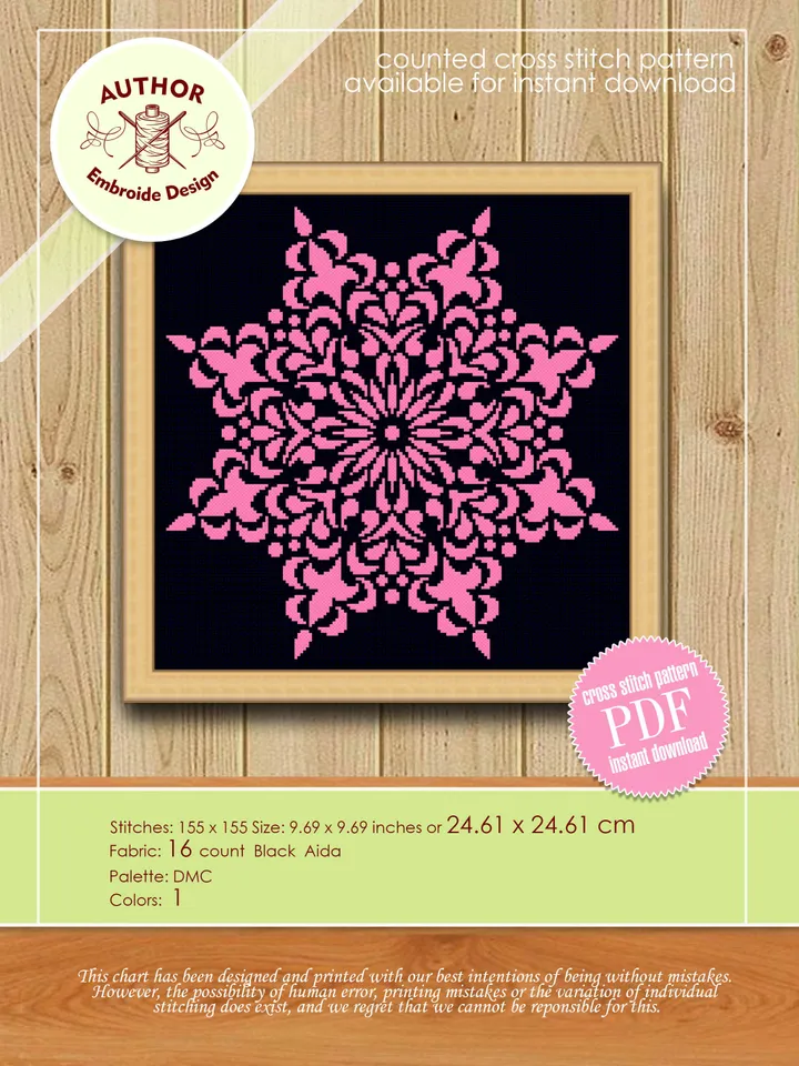 Mandala cross stitch pattern download PDF, Monochrome mandala ornament cross stitch chart, Snowflake ornament embroidery, Home decor #M131