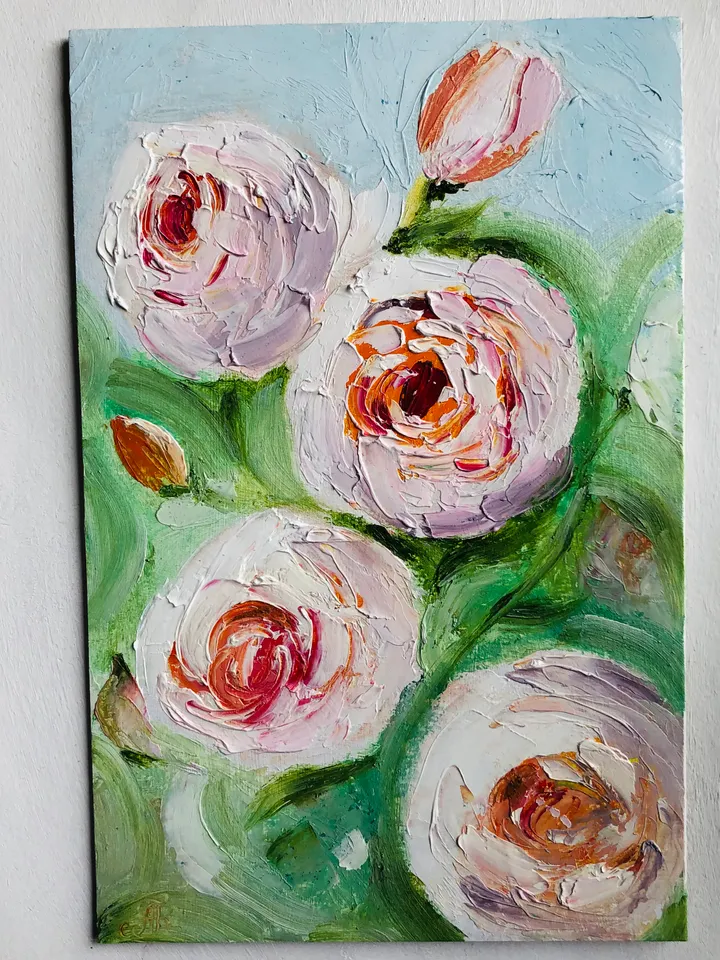 Peonies flowers original oil painting hand painted modern impasto painting wall art 6x9 inches