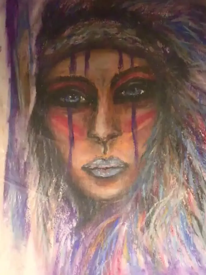 Native american queen,original oil pastel painting on specialized paper,woman in traditional cloths painting,colourful woman portrait.