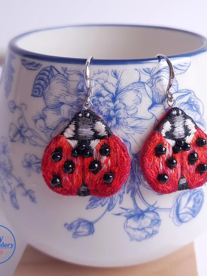 Ladybug Earrings Embroidery Handcrafted Funny Jewelry Artisan Earrings Quirky Accessory Party Boho Design Fiesta Folk Art Celebration Decor
