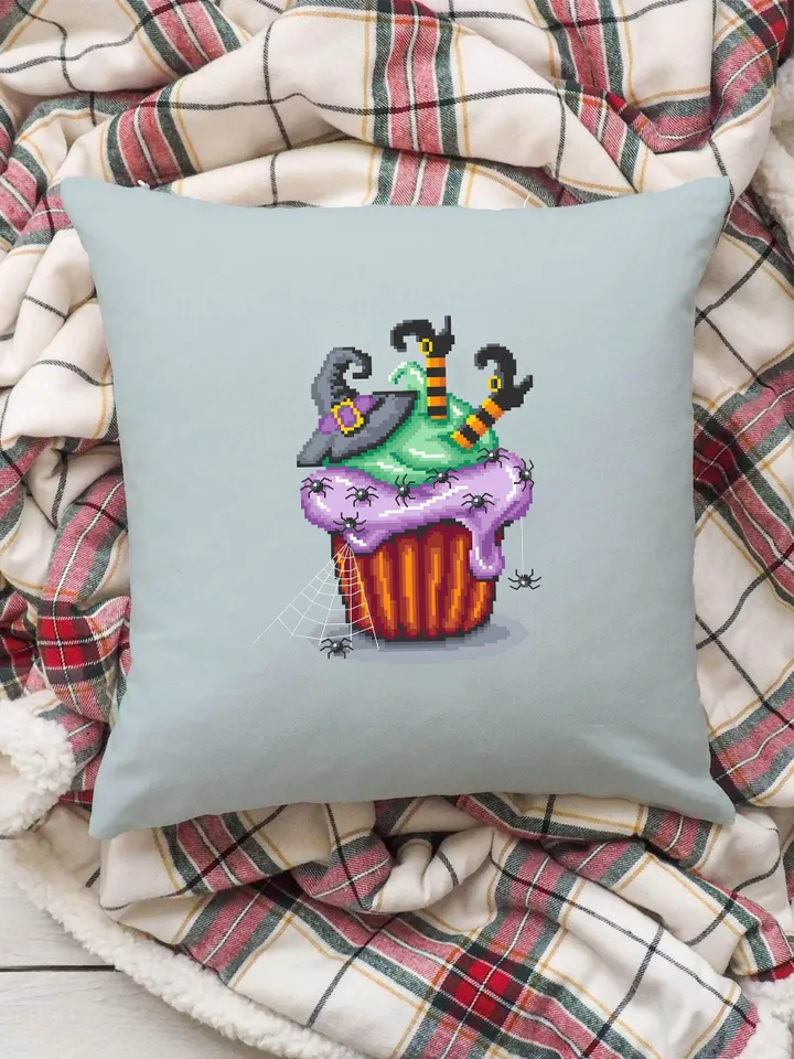 Halloween cupcake cross stitch pattern download PDF Witch cross stitch Dessert Beginner stitch Cute Halloween embroidery Sweet food #H15