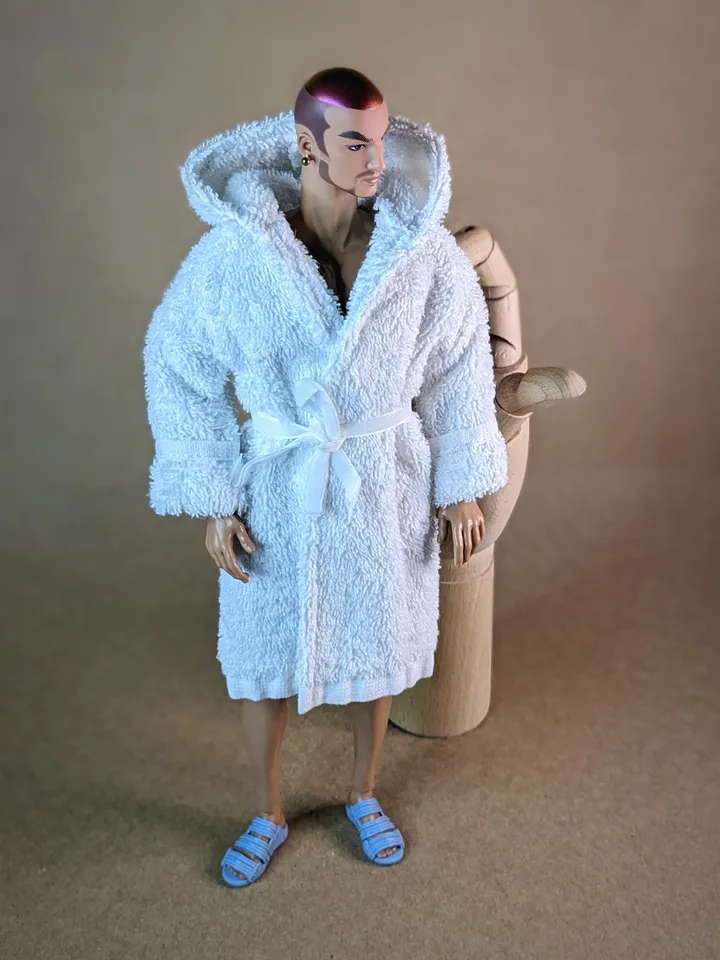 White terry bathrobe with a hood for 13 inch fashion male doll (FR Homme, Poppy Parker, Adonis)