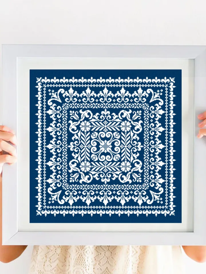 Square mandala cross stitch pattern PDF download, Floral ornament pattern for cross stitch pillow, Carpet counted cross stitch sampler #M202