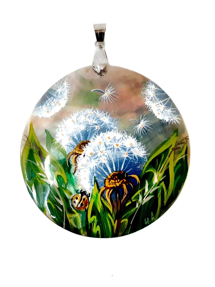 Whispering Dandelions: Hand-Painted Pearl Pendant in Green Grass - Nature's Delicate Charm, Symbol of Hope and Transformation