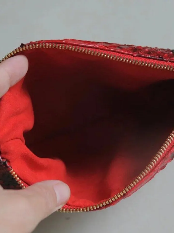 Genuine python skin red cosmetic bag/ Purse Insert Organizer/ Bag Insert For Tote Bag/ exotic leather wallet / small snake skin clutch