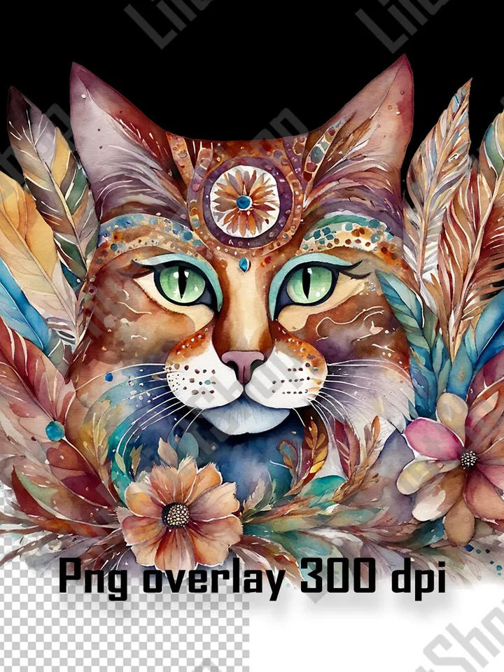 Cat with flowers and feather png clipart. Boho Floral cat head overlay, Digital instant download for sublimation