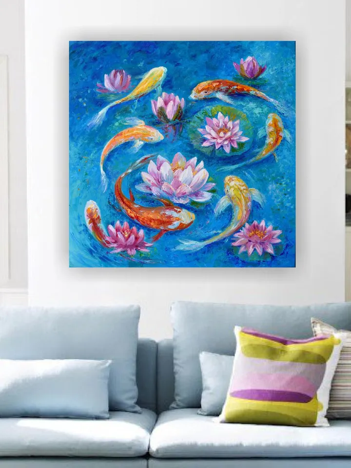 Koi Painting Original Art Fishes in the pond artwork 24 by 24 inch Water lilies art Koi fish Lotus oil painting