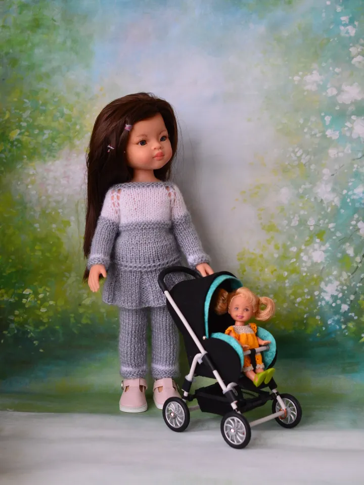 Miniature toy stroller for dolls in 1/6 scale. Accessories for small dolls and poupins. Pram for Barbie doll.