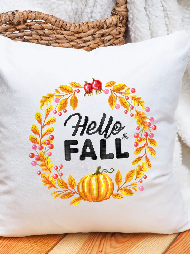 Fall wreath cross stitch pattern PDF instant download Halloween pumpkin cross stitch chart, Autumn wreath pattern, Thanksgiving wreath #Q57