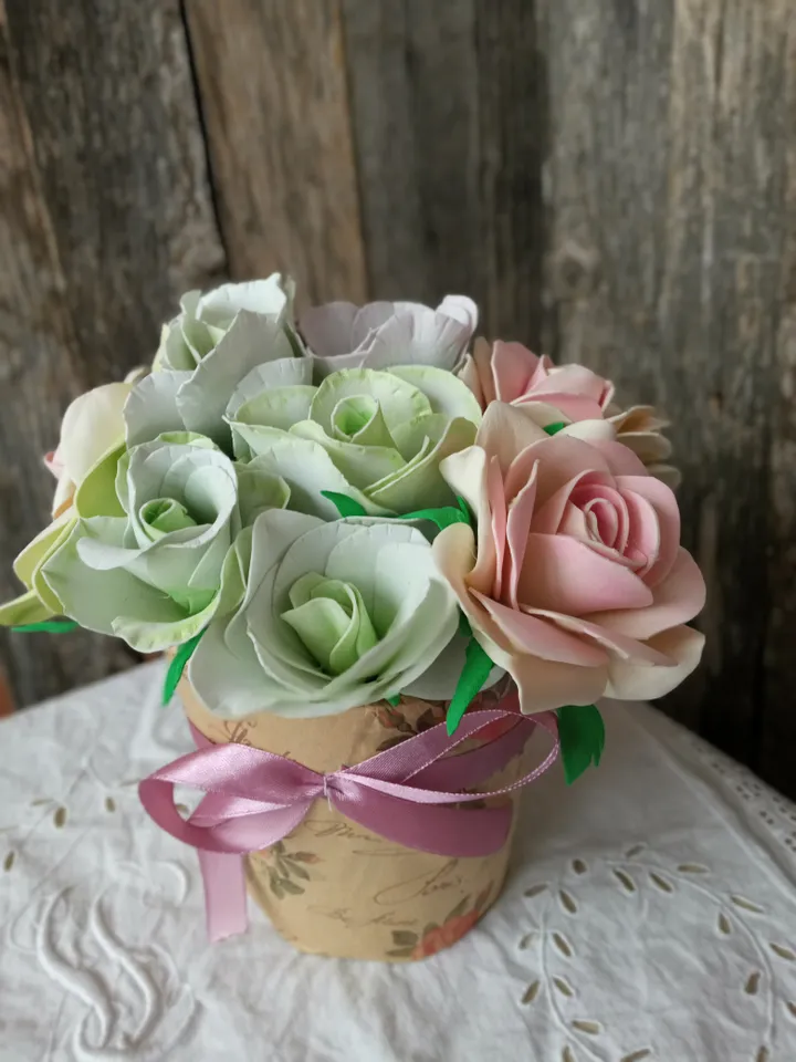Handmade Foam Rose and Eustoma Bouquet in Paper Pot with Bow - 15 cm Height. Gift for her. Birthday present. Christmas gifts
Home decor indoor. Cozy decor