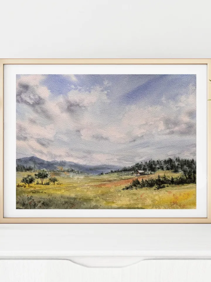 Landscape Original Meadow Painting Nature Watercolor Wall Art Field Painting