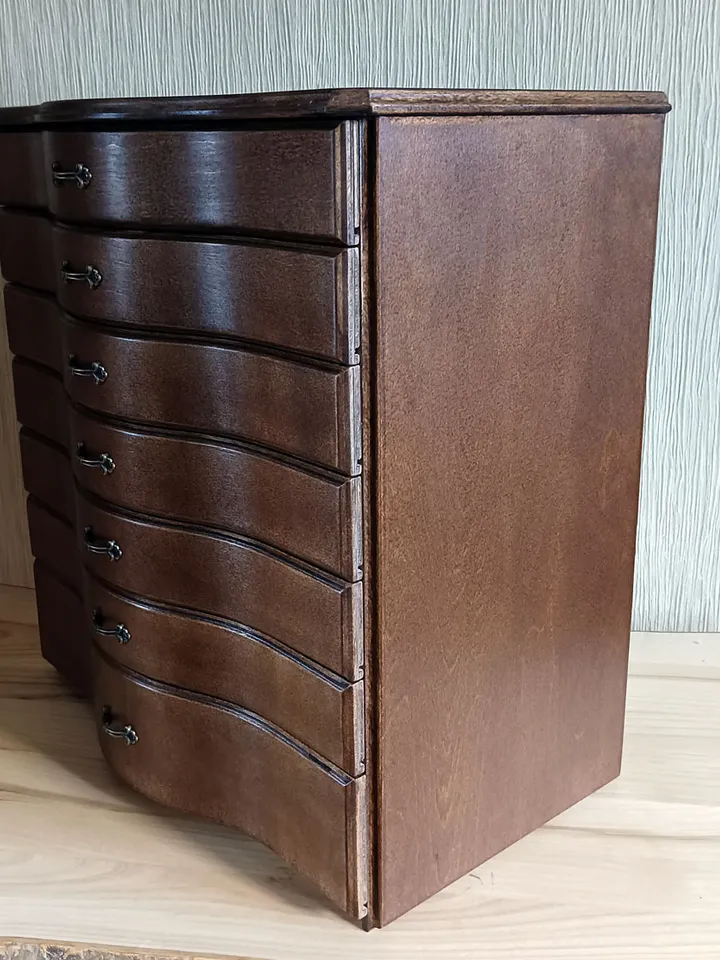 Floss storage cabinet for DMC floss bobbins and skeins, Stitching drawer box with curved faces in vintage style