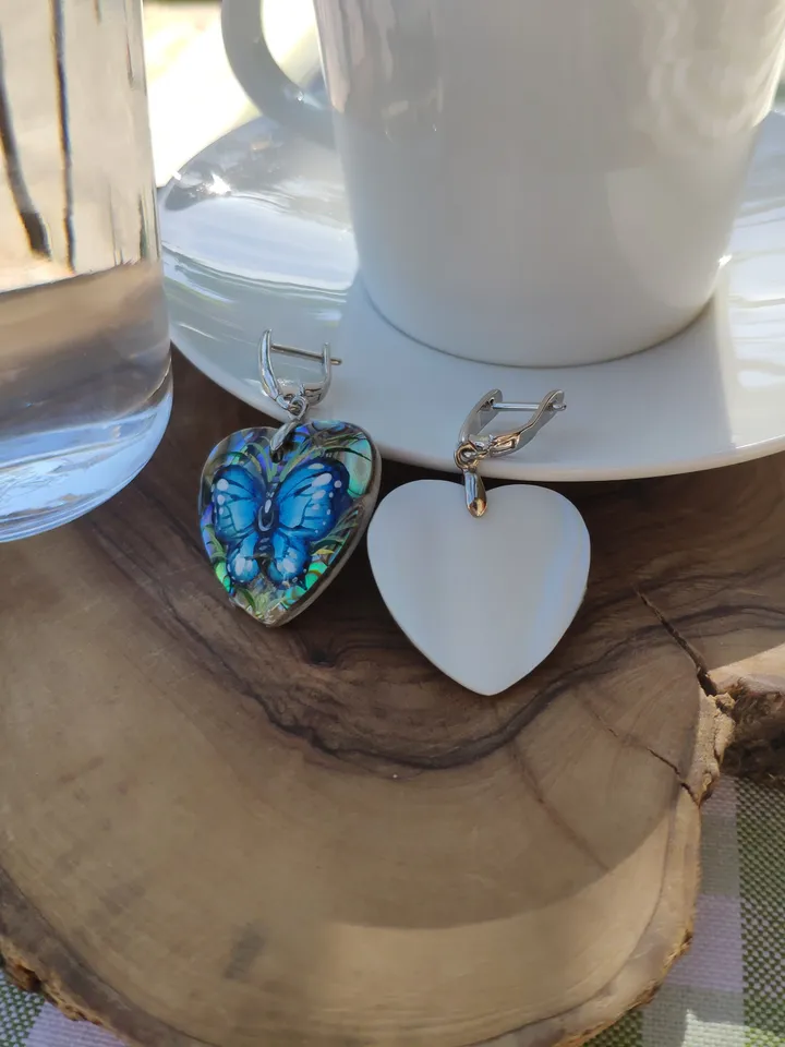 Pearl earrings: Dainty Butterfly Earrings dangle hand painted on Mother of Haliotis pearl • Heart shaped cute Art earrings for elegant women