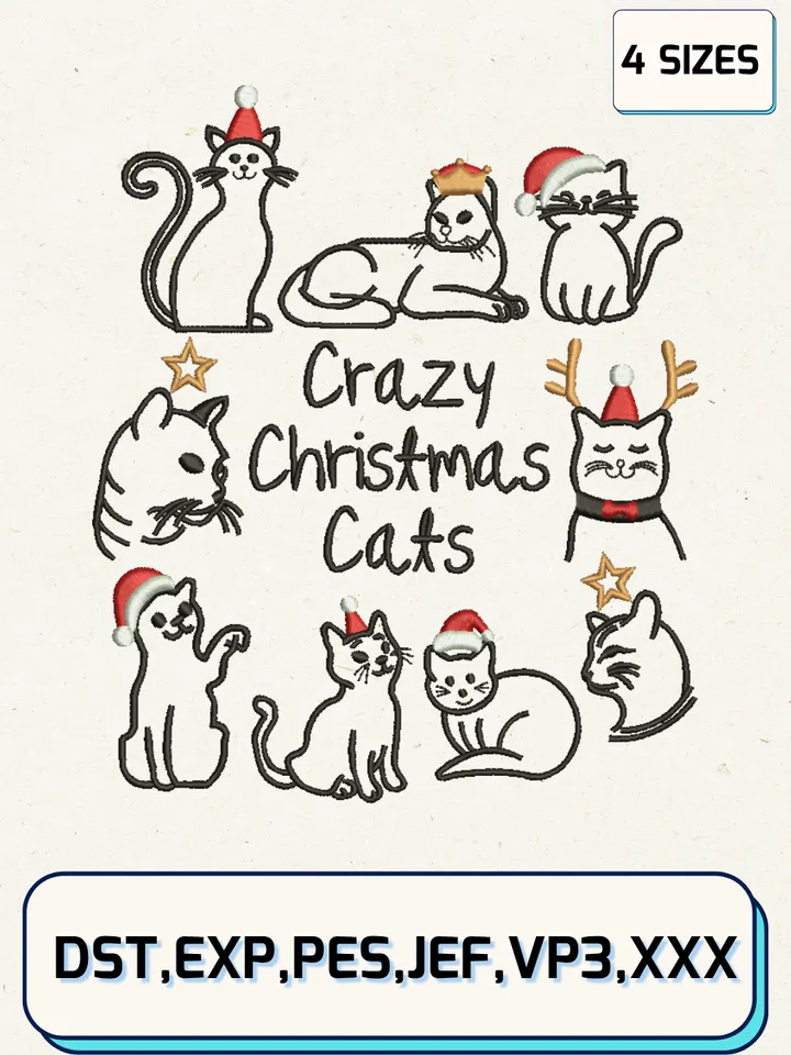 Cazy Christmas Cat Embroidery Designs,Christmas Embroidery Designs,Machine Embroidery Files,4 Sizes