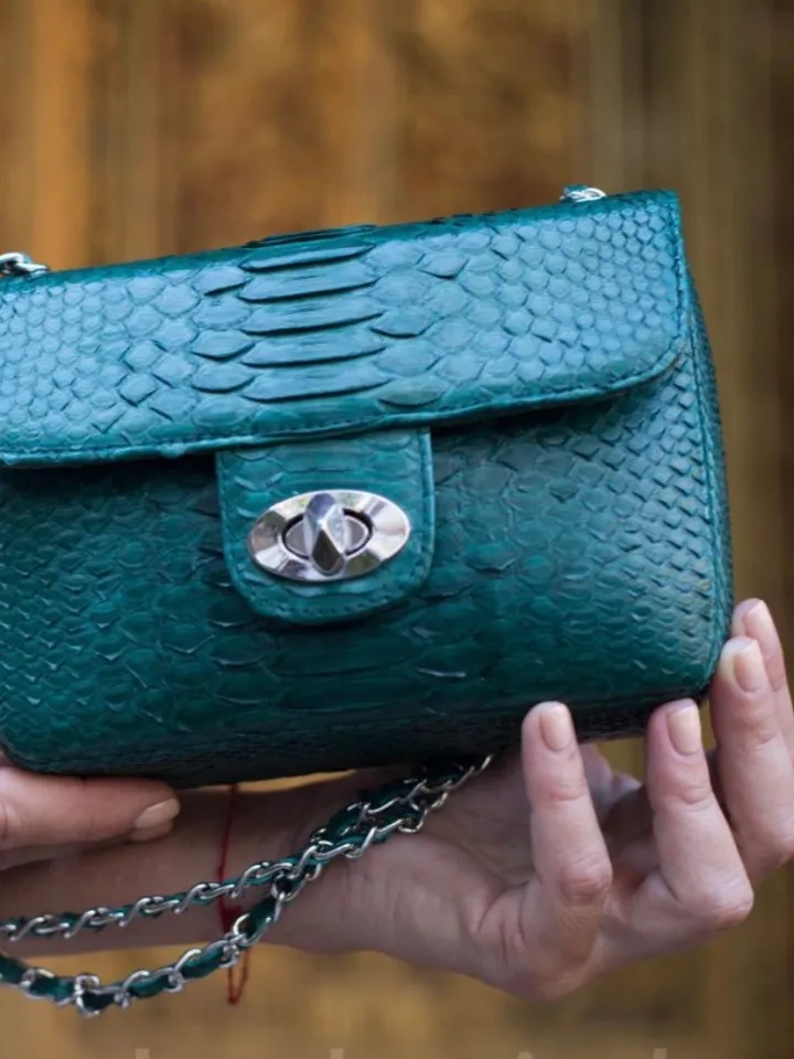 Genuine Python Skin Dark green Crossbody Bag  | Adjustable Chain Classy Elegant snake Small Lady Summer Purse | Designer leather bags